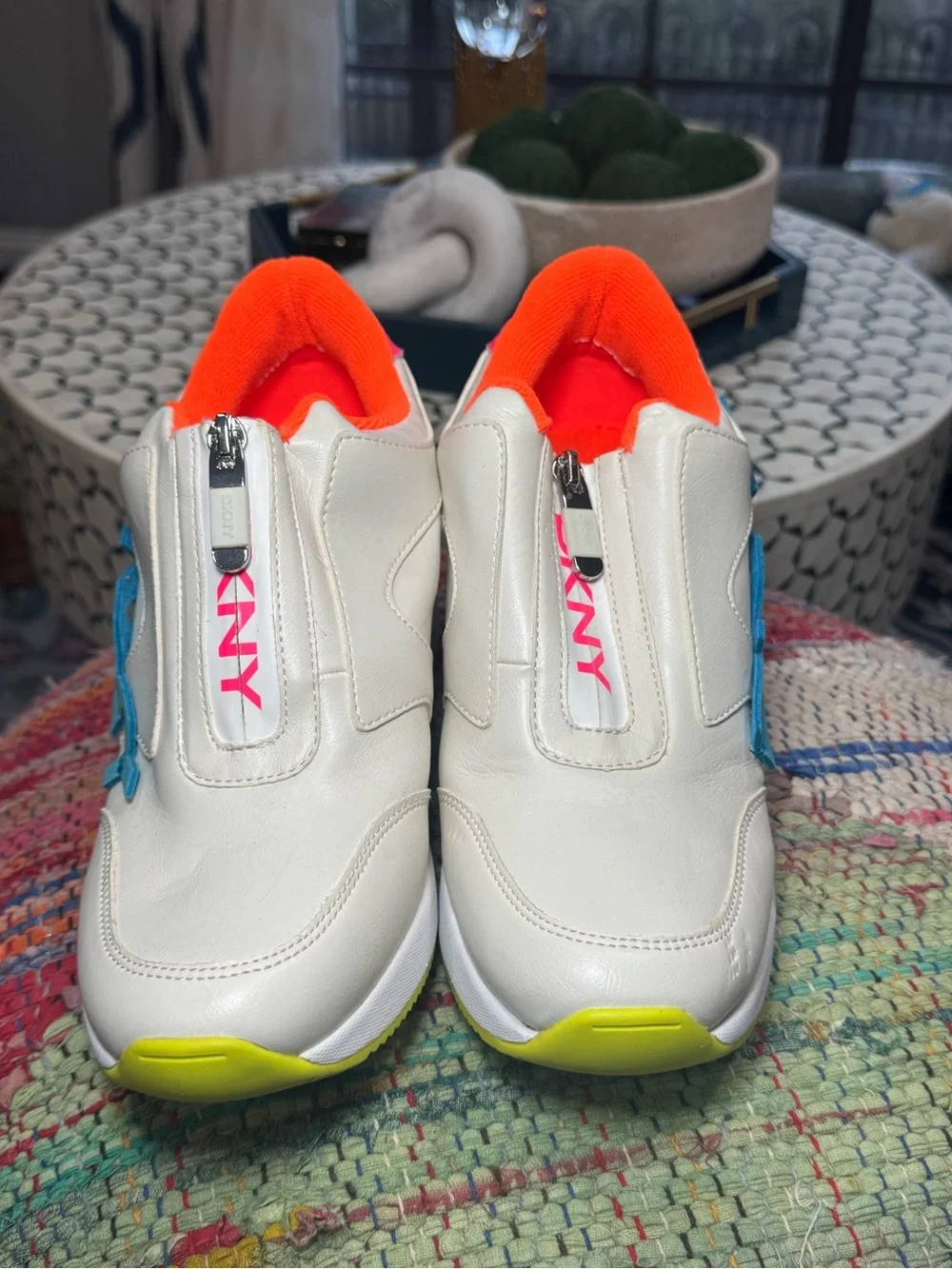 🔵⚪️🟠 DKNY White Platform Zip-up Wedge Sneakers with Bright Accents 🟠⚪️🔵‎